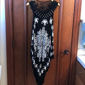 Black midi dress with flattering triangle hemline